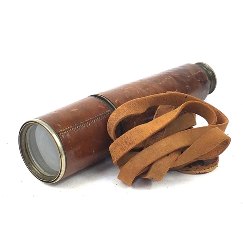 841 - Broadhurst, Clarkson & Co, three draw leather bound brass telescope, 26cm in length when closed