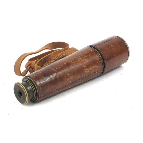 841 - Broadhurst, Clarkson & Co, three draw leather bound brass telescope, 26cm in length when closed