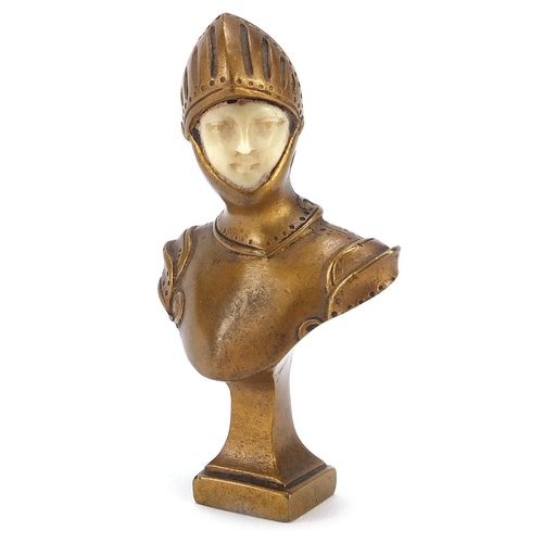 17 - Alexandre Auguste Caron, Art Nouveau gilt bronze and ivory bust of a knight, possibly a pipe tamper,... 