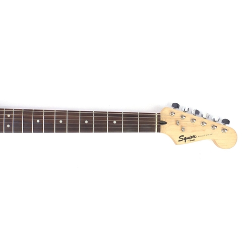 1760 - Squier Stratocaster by Fender bullet strapped six string electric guitar with case, 97.5cm in length