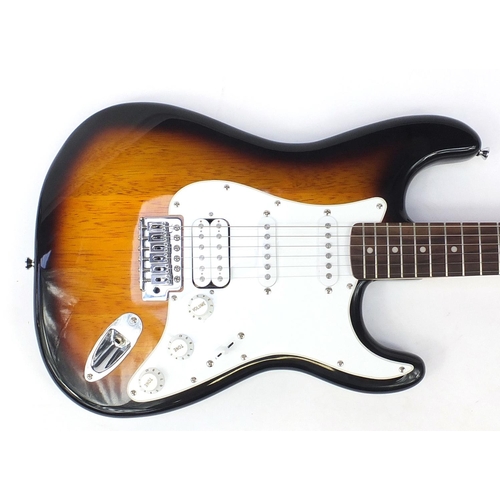 1760 - Squier Stratocaster by Fender bullet strapped six string electric guitar with case, 97.5cm in length