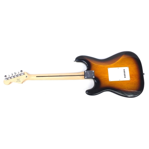 1760 - Squier Stratocaster by Fender bullet strapped six string electric guitar with case, 97.5cm in length