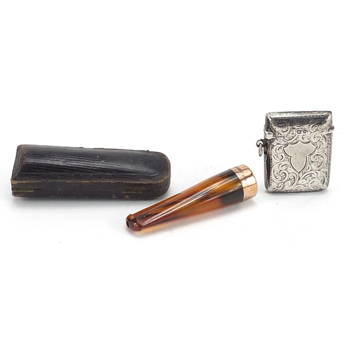 132 - Smoking items comprising 9ct gold mounted cheroot holder with fitted case and Edwardian silver vesta... 