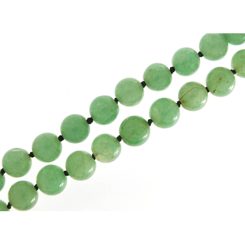 1895 - Chinese green jade bead necklace, 48cm in length, each bead 11mm in diameter, total 160.2g