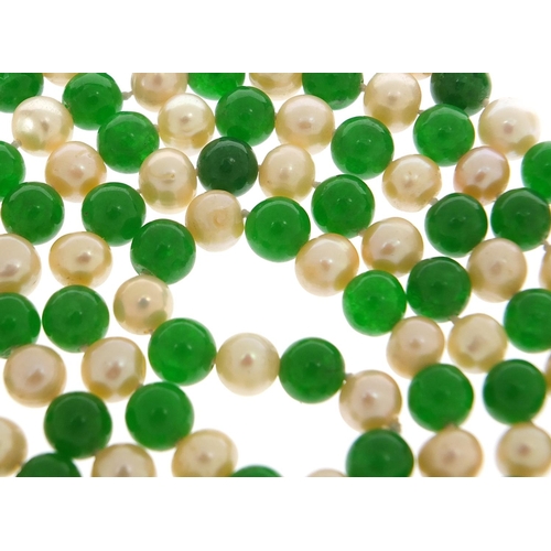 1993 - Chinese green jade and cultured pearl necklace, 120cm in length, 105.8g