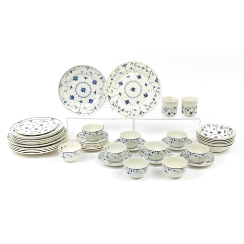 2577 - Furnivals & Churchill Danish blue dinnerware including plates, bowls and cups with saucers, the larg... 