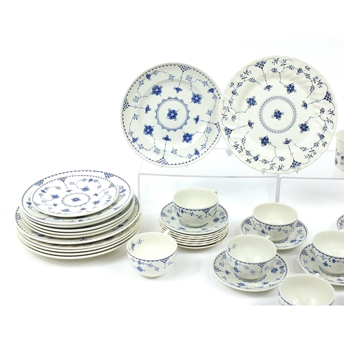 2577 - Furnivals & Churchill Danish blue dinnerware including plates, bowls and cups with saucers, the larg... 