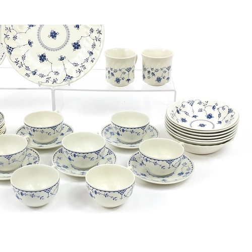 2577 - Furnivals & Churchill Danish blue dinnerware including plates, bowls and cups with saucers, the larg... 