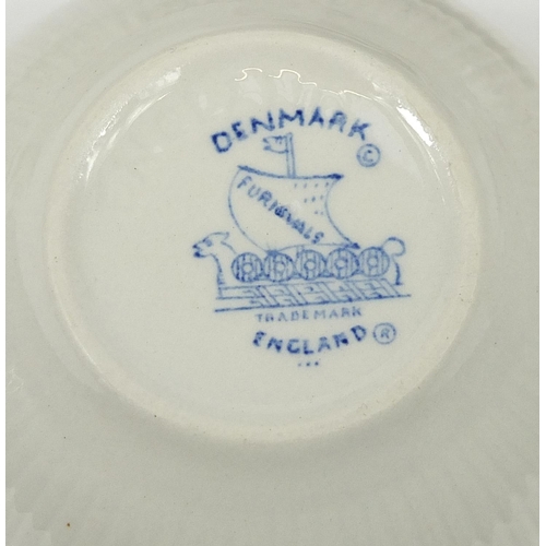 2577 - Furnivals & Churchill Danish blue dinnerware including plates, bowls and cups with saucers, the larg... 