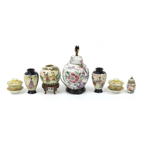 2093 - Oriental ceramics, metalware and woodenware including a pair of Japanese Satsuma vases, Chinese porc... 