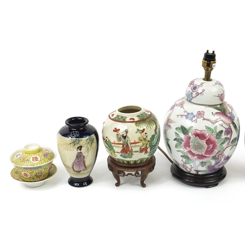 2093 - Oriental ceramics, metalware and woodenware including a pair of Japanese Satsuma vases, Chinese porc... 