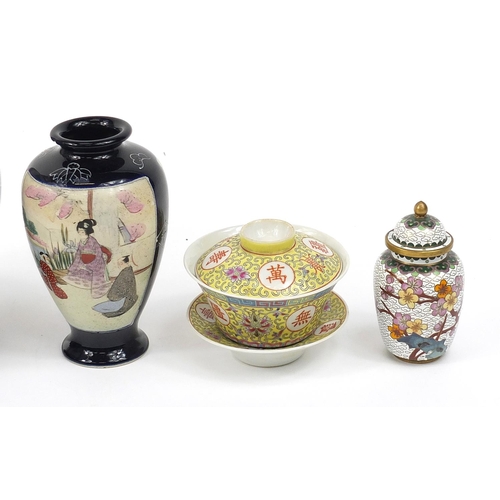 2093 - Oriental ceramics, metalware and woodenware including a pair of Japanese Satsuma vases, Chinese porc... 