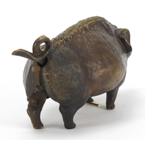 604 - Patinated bronze boar design desk bell, 16.5cm in length