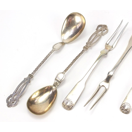 389 - Danish silver and white metal cutlery including a toddy ladle, pair of forks and pair of sugar tongs... 