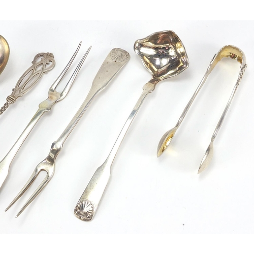 389 - Danish silver and white metal cutlery including a toddy ladle, pair of forks and pair of sugar tongs... 