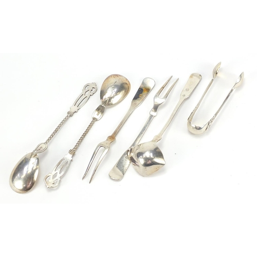 389 - Danish silver and white metal cutlery including a toddy ladle, pair of forks and pair of sugar tongs... 