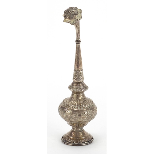 1111 - Anglo Indian unmarked silver rosewater sprinkler, 21.5cm high, 120.0g