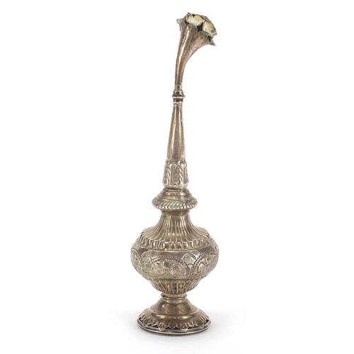 1111 - Anglo Indian unmarked silver rosewater sprinkler, 21.5cm high, 120.0g