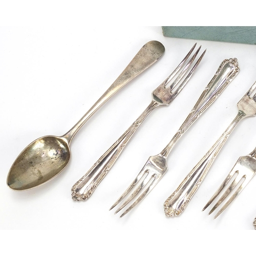 791A - Set of six silver forks and an antique silver teaspoon, the forks 12.5cm in length, total 113.5g