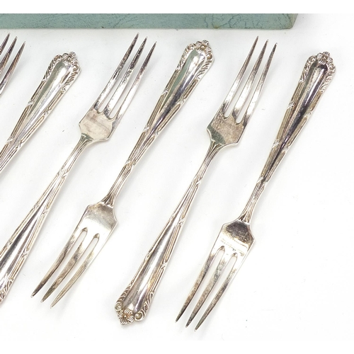 791A - Set of six silver forks and an antique silver teaspoon, the forks 12.5cm in length, total 113.5g