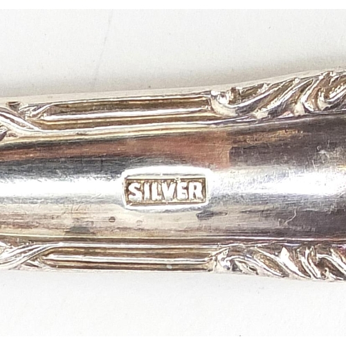 791A - Set of six silver forks and an antique silver teaspoon, the forks 12.5cm in length, total 113.5g