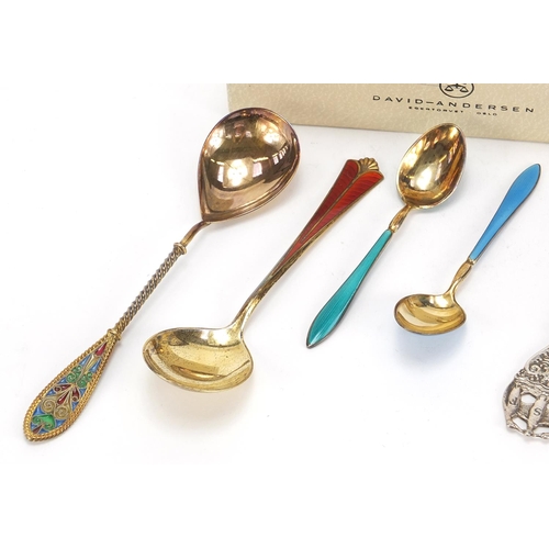 941 - Scandinavian silver cutlery comprising three gilt and enamel spoons by David Andersen, USF fish slic... 