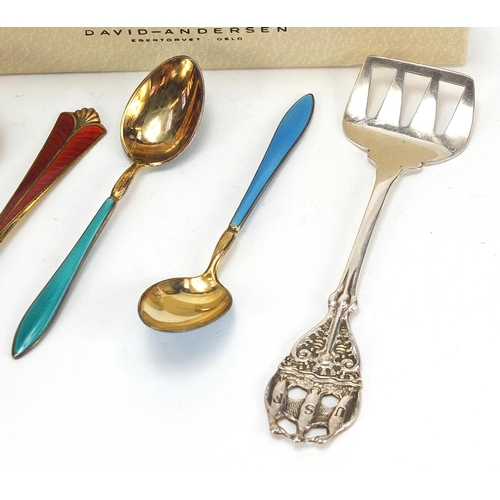 941 - Scandinavian silver cutlery comprising three gilt and enamel spoons by David Andersen, USF fish slic... 