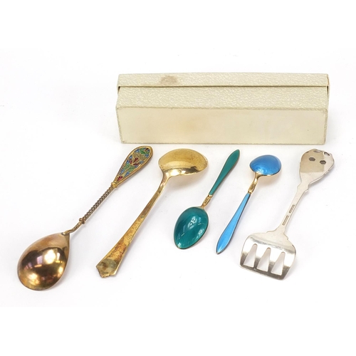 941 - Scandinavian silver cutlery comprising three gilt and enamel spoons by David Andersen, USF fish slic... 