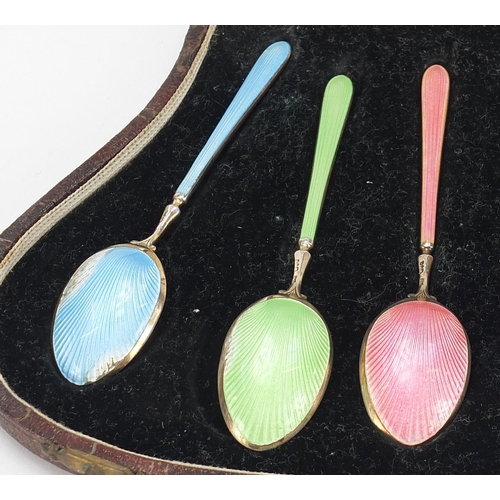 821 - Walker & Hall, set of six silver and guilloche enamel teaspoons housed in a velvet and silk lined fi... 