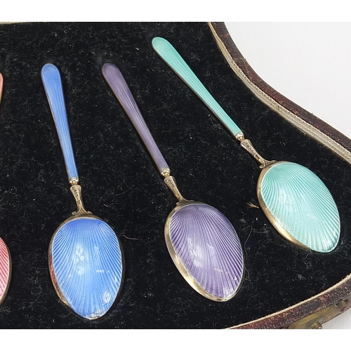 821 - Walker & Hall, set of six silver and guilloche enamel teaspoons housed in a velvet and silk lined fi... 