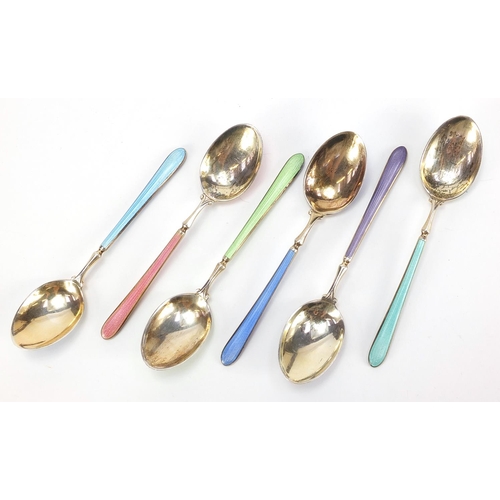 821 - Walker & Hall, set of six silver and guilloche enamel teaspoons housed in a velvet and silk lined fi... 