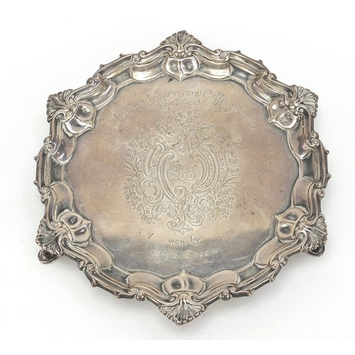 309 - William Hutton & Sons, Edwardian silver three footed salver with golfing interest presentation inscr... 