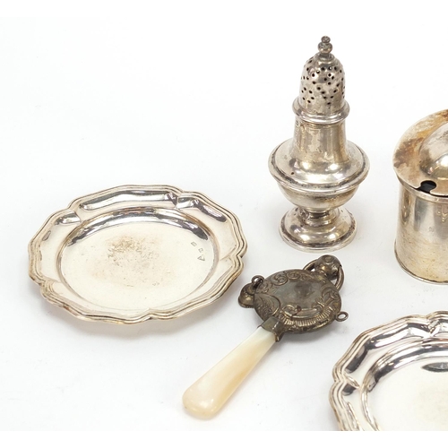 462 - Victorian and later silver objects including a cheroot case with engraved decoration, set of three m... 