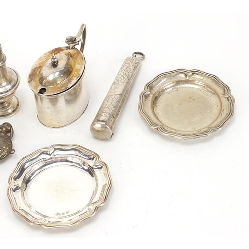 462 - Victorian and later silver objects including a cheroot case with engraved decoration, set of three m... 