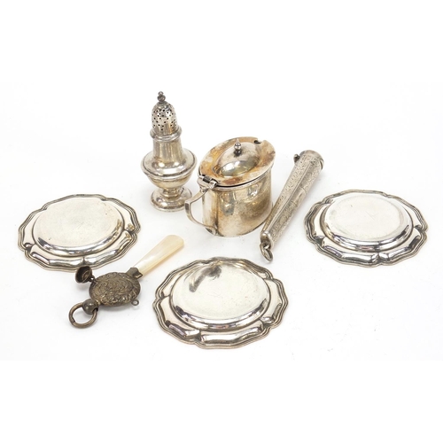 462 - Victorian and later silver objects including a cheroot case with engraved decoration, set of three m... 