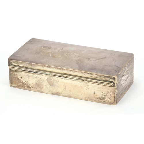 127 - Rectangular silver cigar box with hinged lid, indistinct hallmarks, 5cm H x 18.5cm W x 9cm D, 518.2g