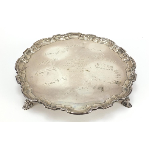 237 - Mappin & Webb, large George VI silver salver raised on four feet with presentation inscription and s... 