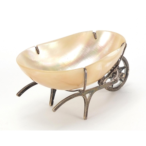 485 - Adie & Lovekin Ltd, George V silver and mother of pearl table salt in the form of a wheelbarrow, Bir... 