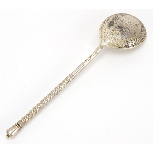 205 - Russian silver niello work spoon, the bowl engraved with a cathedral, 15.5cm in length, 41.5g