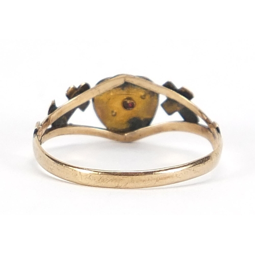 397 - Victorian 9ct gold faith, hope and charity ring set with a garnet and seed pearls, hallmarked Birmin... 