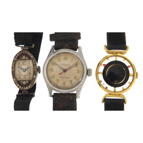 1992 - Three wristwatches including a ladies silver cocktail watch and one with military type dial