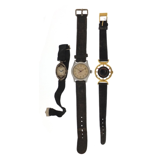 1992 - Three wristwatches including a ladies silver cocktail watch and one with military type dial