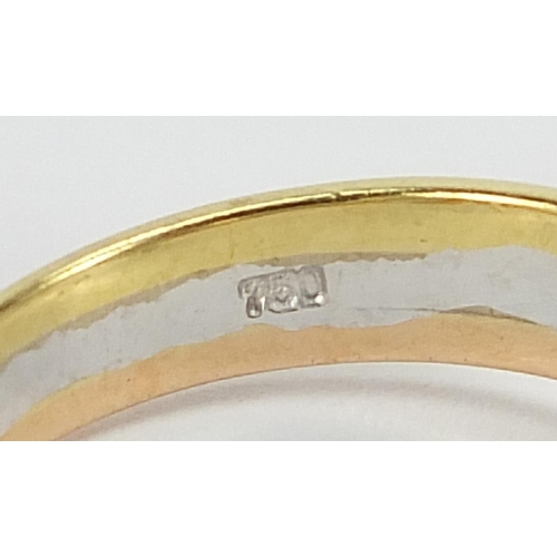 495 - 18ct three tone gold diamond ring, size M, 2.7g