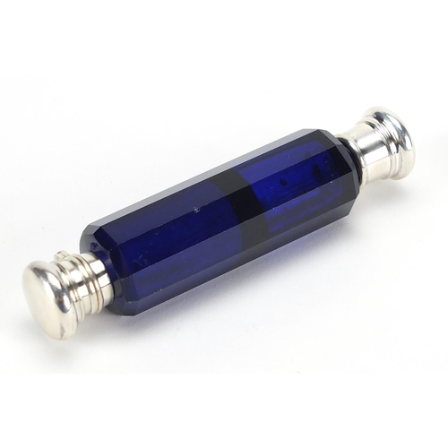 135 - Victorian blue glass double end scent bottle with unmarked silver mounts, 10.5cm in length