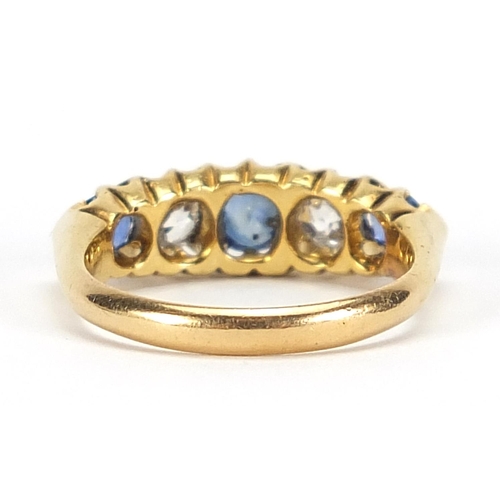 89 - Victorian 18ct gold sapphire and diamond five stone ring, the central sapphire approximately 4.8mm x... 