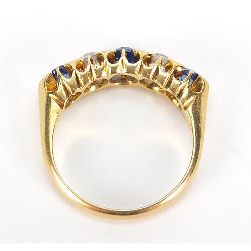 89 - Victorian 18ct gold sapphire and diamond five stone ring, the central sapphire approximately 4.8mm x... 