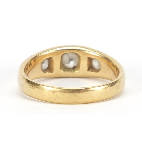 238 - Victorian18ct gold diamond three stone gypsy ring, hallmarked Birmingham 1887, the central diamond a... 