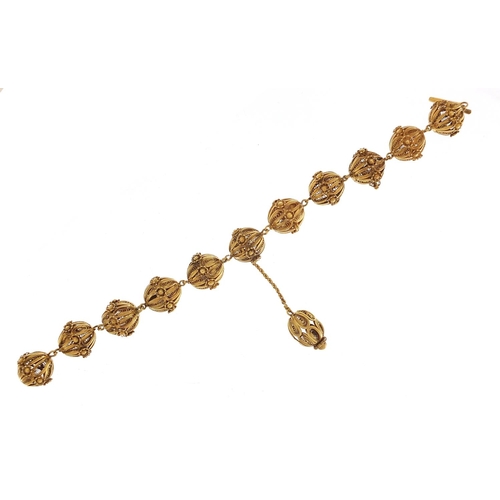 1780 - Unmarked gilt metal filigree ball bracelet, 20cm in length, 31.2g