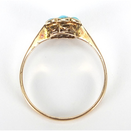 53 - 9ct gold turquoise flower head ring, size P, 1.0g