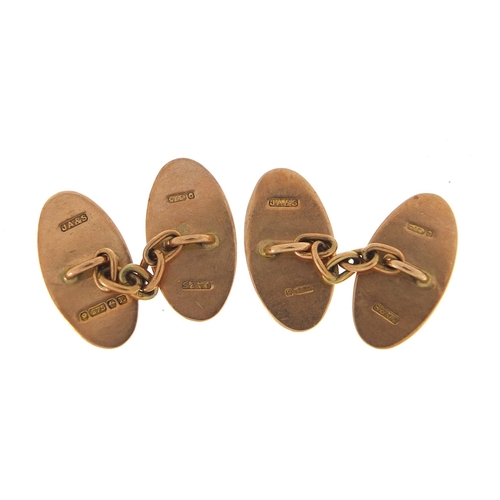 51 - Pair of 9ct gold cufflinks with engraved decoration housed in a W Pyke & Son velvet and silk lined b... 